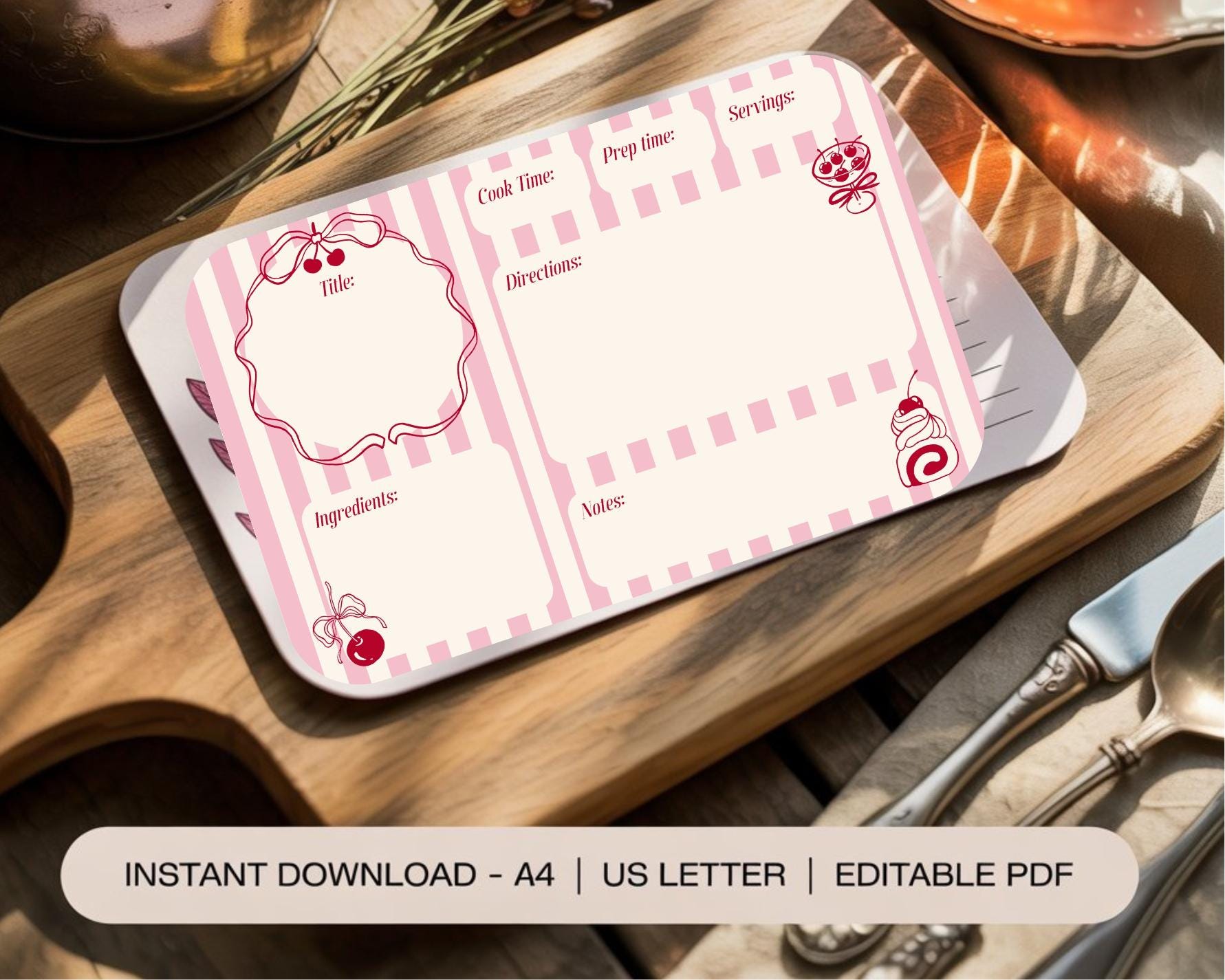 Pink Coquette Recipe Card | Printable Kitchen Template (PDF)