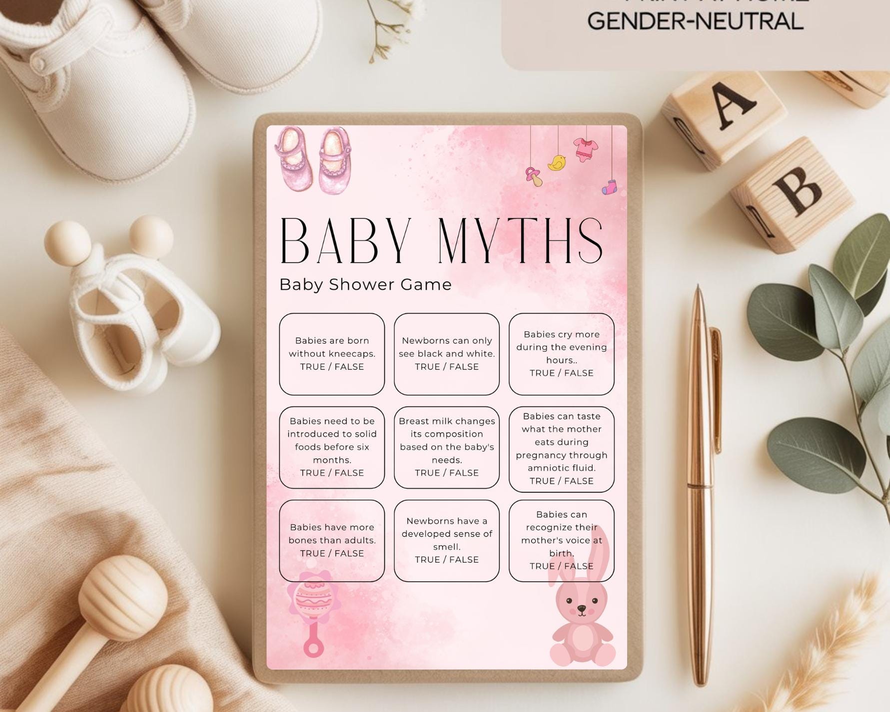 Pink Baby Shower Game Card - Baby Girl Party Printable - Instant Download