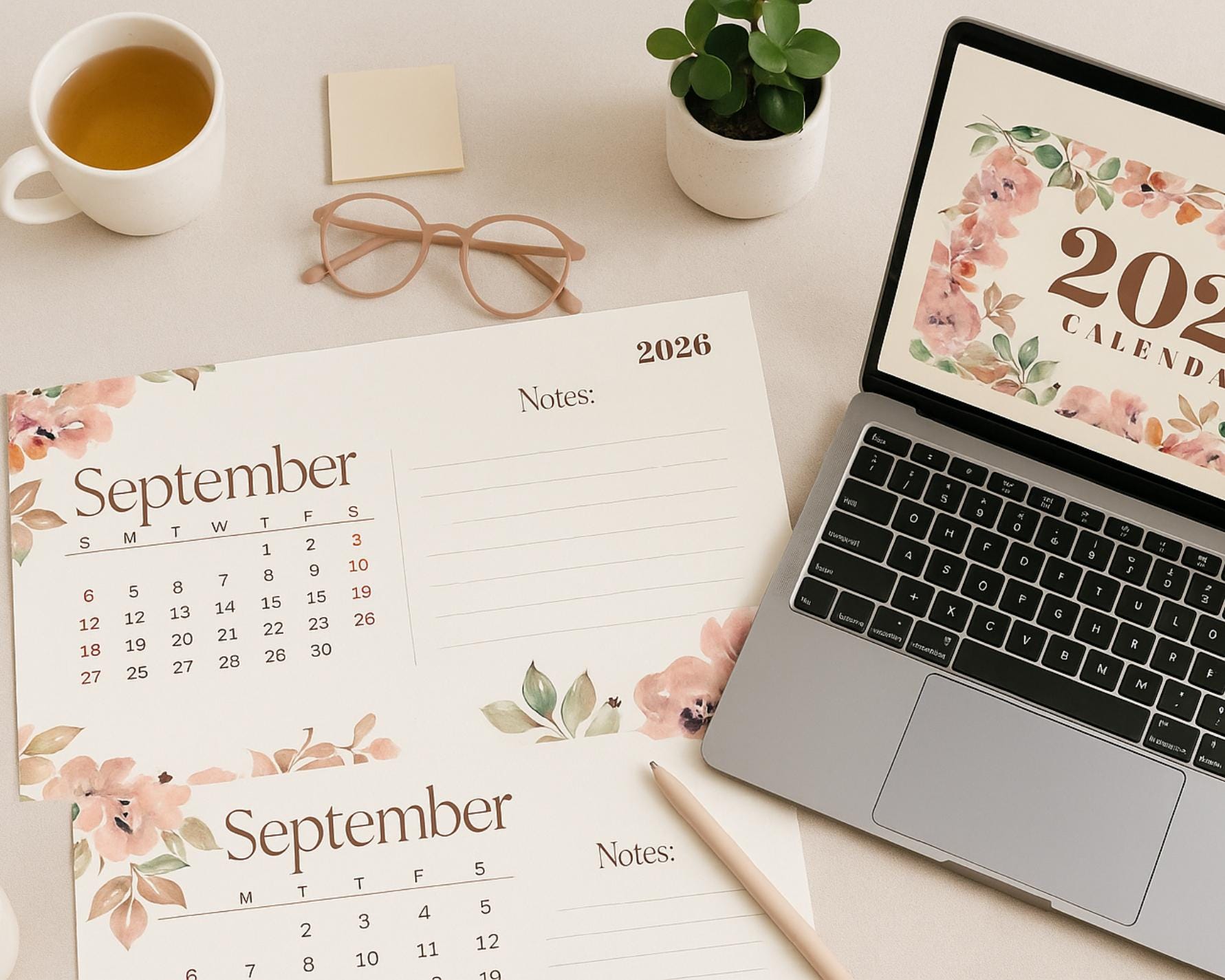 2026 Pastel Calendar: Pink & Green Minimalist Planner (PDF Downloadable, US Letter Size)