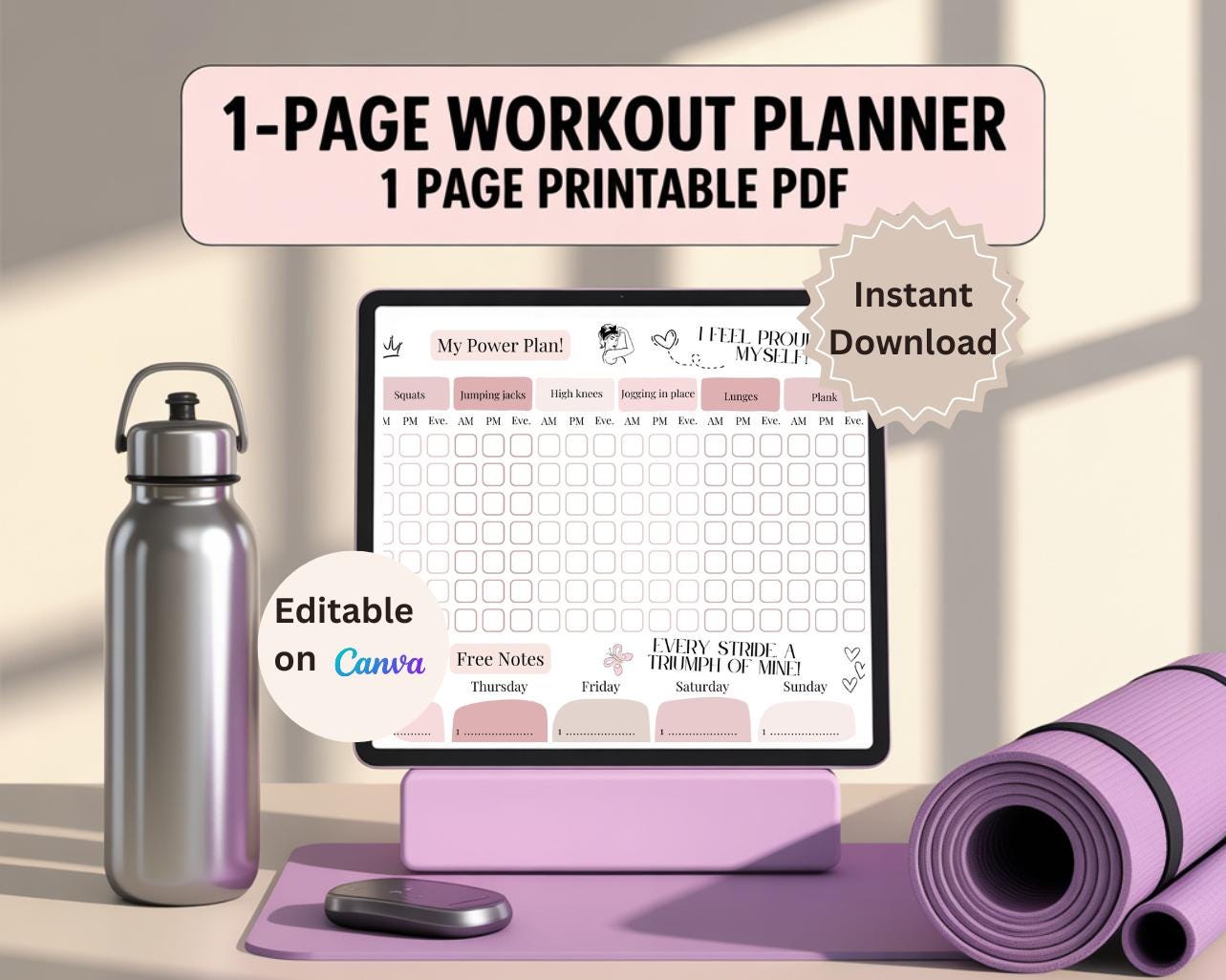 Weekly Fitness & Self-Care Planner: Printable Workout Tracker (PDF Download, Canva Template Available)