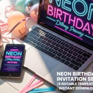 Blue Neon Birthday Invitation: Editable Canva Template (PDF Printable Digital Download 5x7 inch)