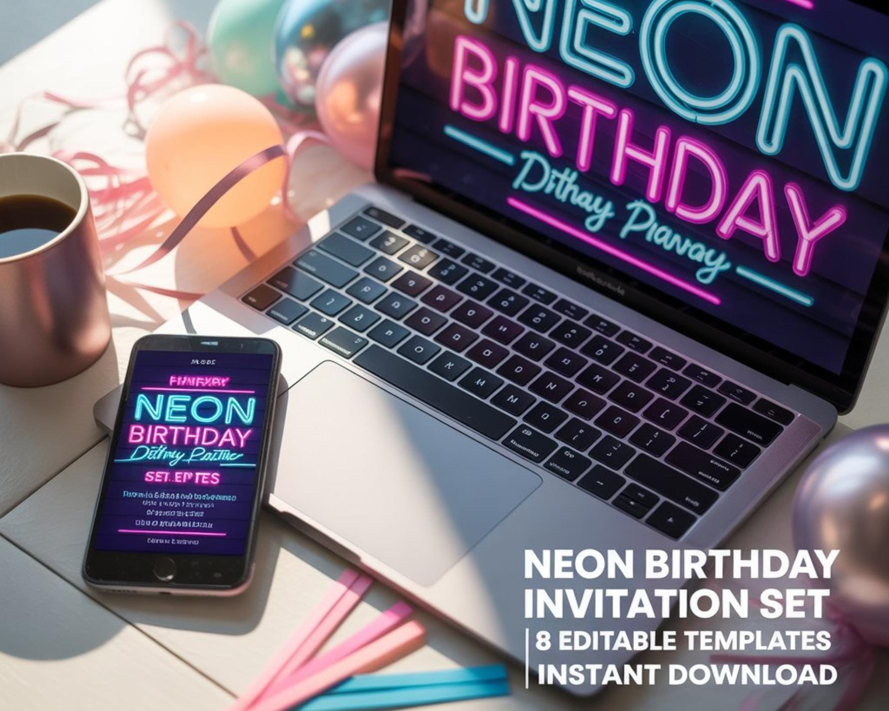 Blue Neon Birthday Invitation: Editable Canva Template (PDF Printable Digital Download 5x7 inch)