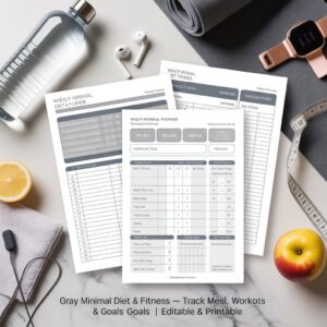 Minimalist Diet & Fitness Planner: Printable Health Tracker (A4 + US Letter PDF Download