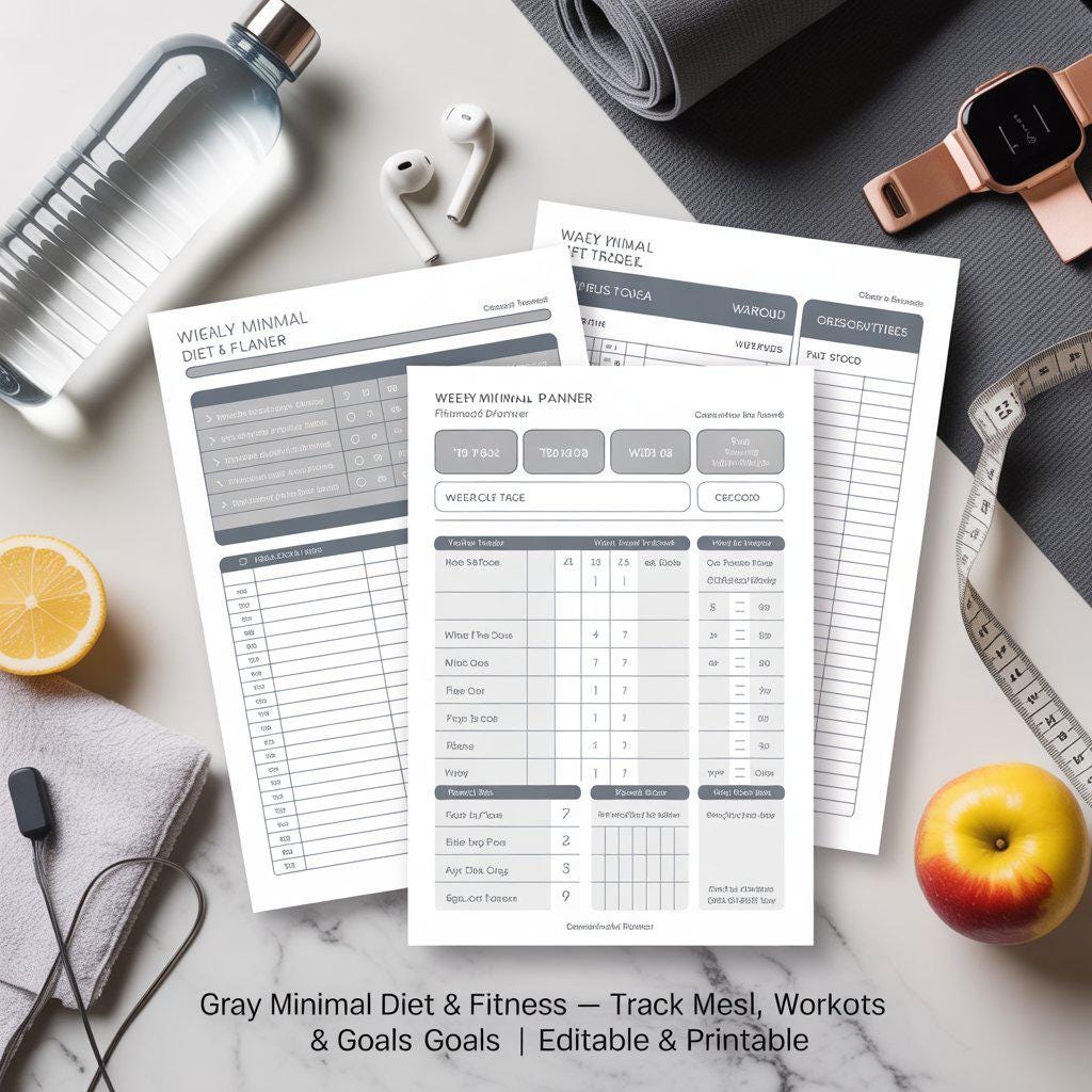 Minimalist Diet & Fitness Planner: Printable Health Tracker (A4 + US Letter PDF Download