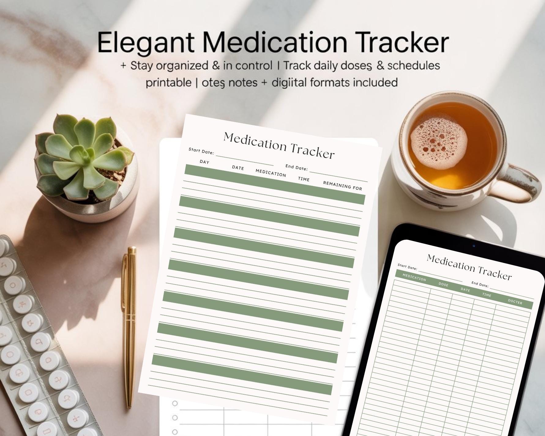 Elegant Medication Tracker Printable | Daily Pill Log | Instant Download PDF