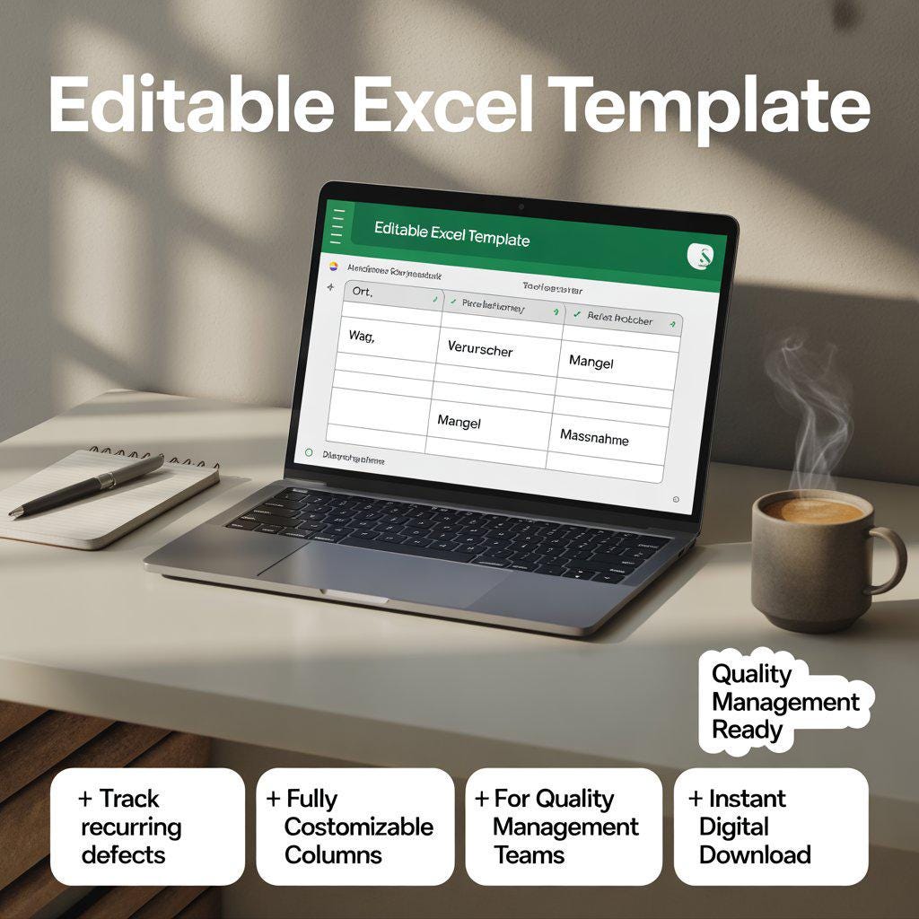 Wiederholfehler Tracker Excel Vorlage | Quality Defect Log Template | Recurring Issue Tracker for Manufacturing & QA Teams