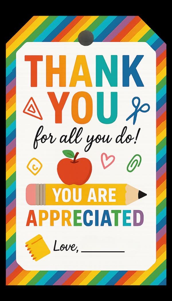 Printable Teacher Appreciation Gift Tags PDF | Teacher Thank You Tags End of Year Classroom Gifts | Instant Download Editable Canva