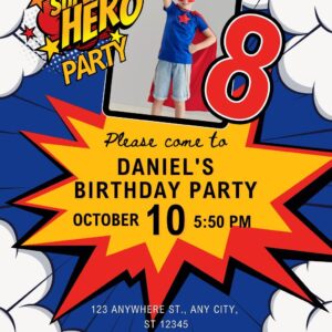 Editable Superhero Birthday Invitation Template Canva | Kids Birthday Party Invite Printable Comic Book Style Instant Download