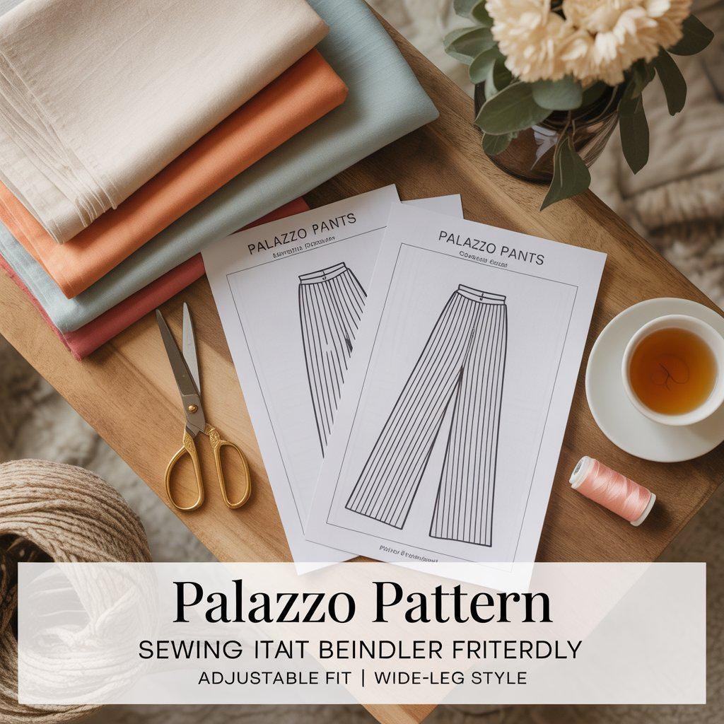 Wide Leg Palazzo Pants Sewing Pattern PDF | Easy DIY Sewing Pattern for Women | Beginner Friendly Flowy Trousers Tutorial