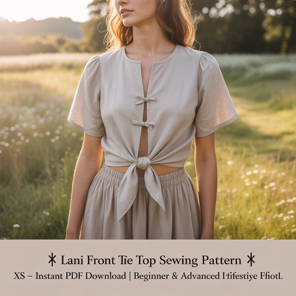 Front Tie Top Sewing Pattern PDF | DIY Women’s Blouse Sewing Tutorial | Beginner Friendly Crop Top Pattern Instant Download
