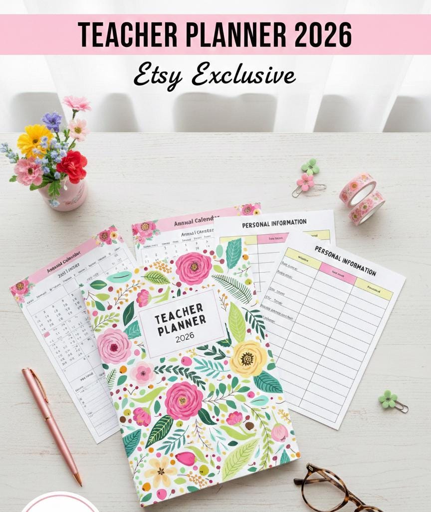 Teacher Planner 2026 Printable | Green Pink Floral Academic Planner PDF
